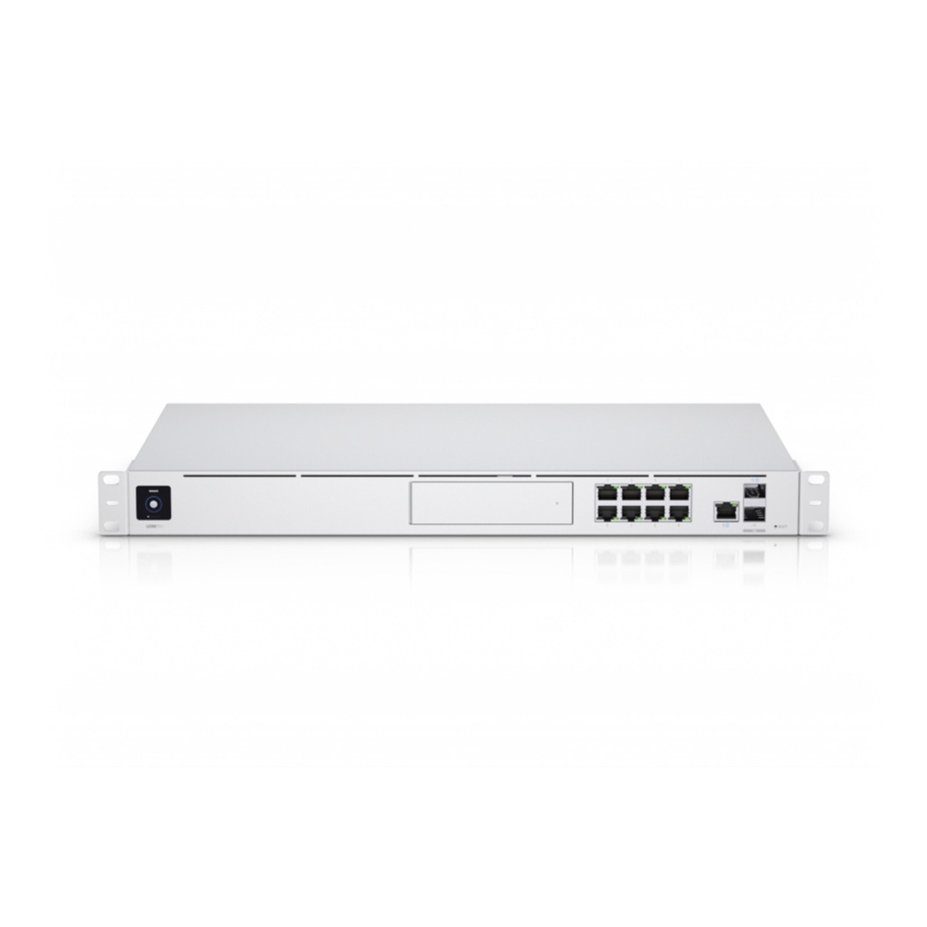 Consola Unifi Dream Machine Pro, todo en uno, incluye: router con funciones de balanceo y failover, 2 puertos WAN(10G SFP+ 1G RJ45), firewall Enterprise, switch con 9 puertos LAN (1 SFP+ 10G, 8 RJ45 1G), NVR con 1 bahía para HD, integra todas las aplicaciones Unifi(network, protect, access y conect), 1U, montaje en Rack, marca Ubiquiti.