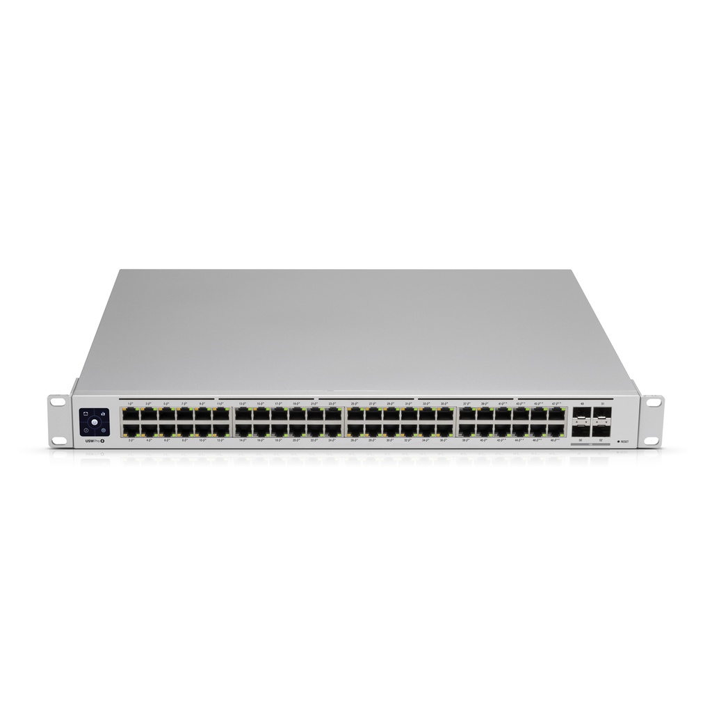 Switch Unifi profesional 48 puertos PoE, capa 3 administrable, puertos: (48) RJ45 de 1GbE (40 PoE+ y 8 PoE++) y (4) SFP+ de 10G, 600W, marca Ubiquiti.