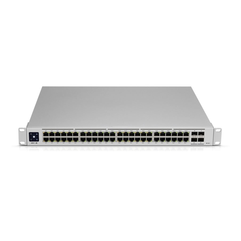 Switch Unifi profesional 48 puertos, capa 3 administrable, puertos: (48) RJ45 de 1GbE y (4) SFP+ de 10G, marca Ubiquiti.