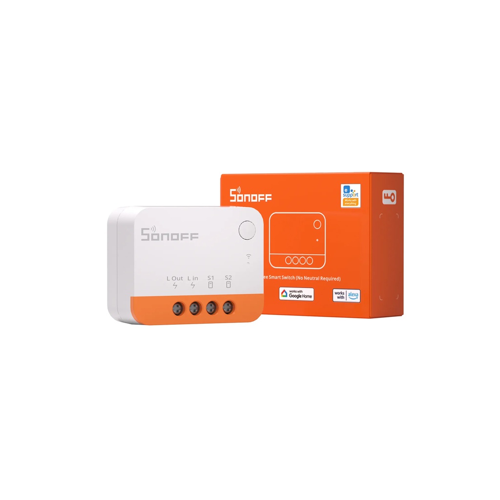 Interruptor inteligente de dos vías ZBMINI-L2, 1 gang, no requiere neutro, 100-240VAC, 6A, Zigbee 3.0, marca Sonoff.