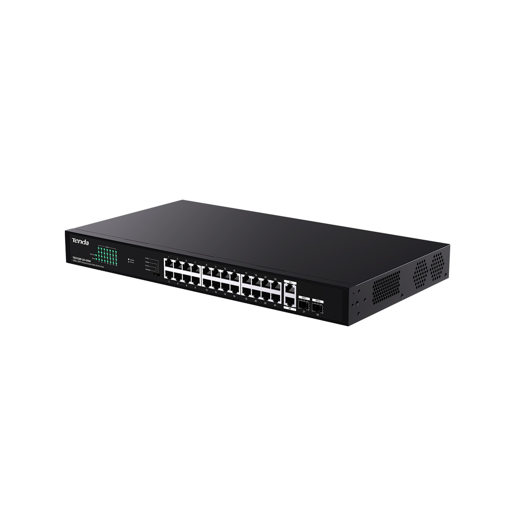 Switch PoE extendido TEG1128P-24-410W, puertos: 24 GE PoE, 2 GE RJ45,2 SFP, 410 watts, montaje en rack, 4 modos de operación, marca Tenda.