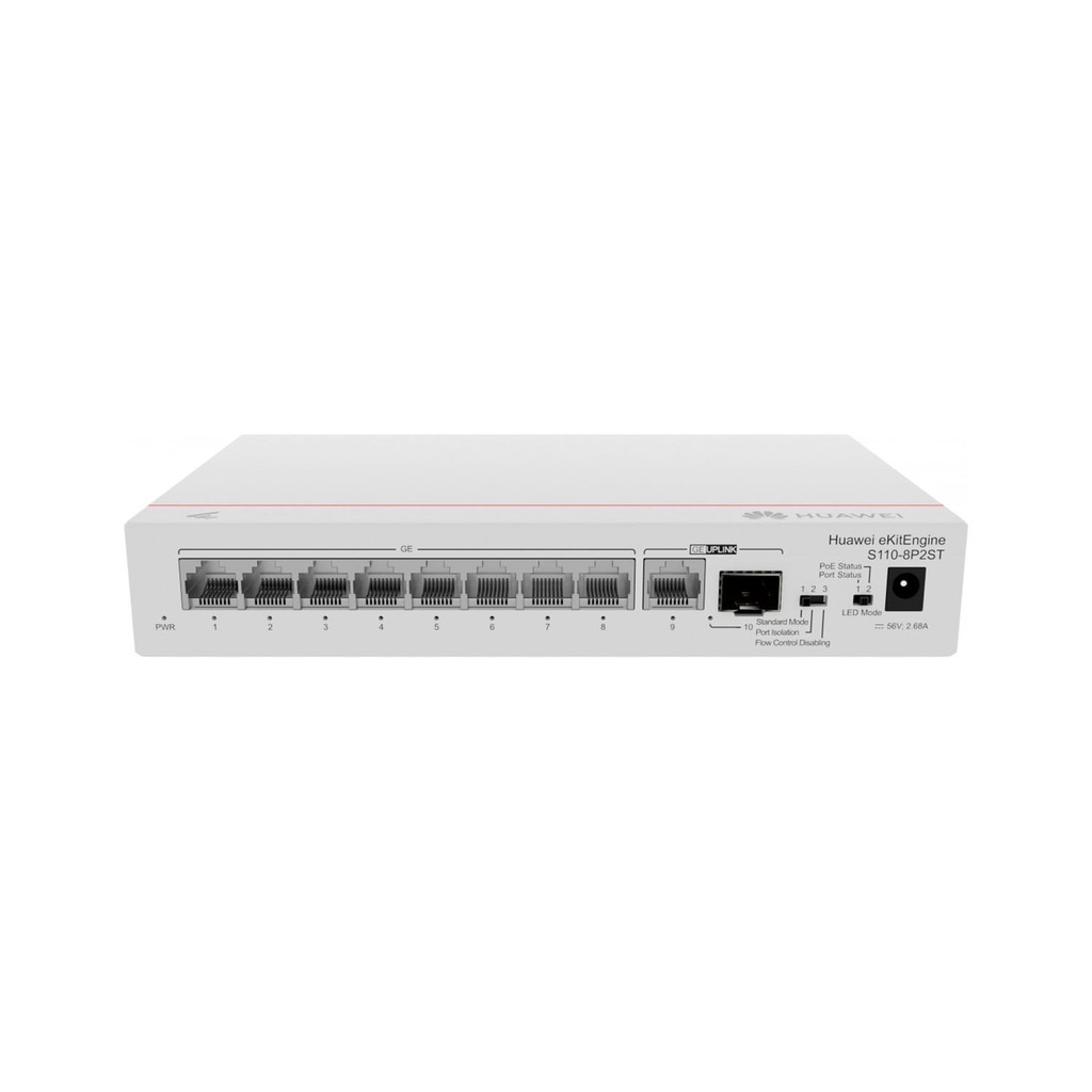 Switch Gigabit No Administrable PoE S110-8P2ST, 8 puertos 10/100/1000 Mbps (PoE) , 2 Puertos SFP Uplink , 124W , marca Huawei