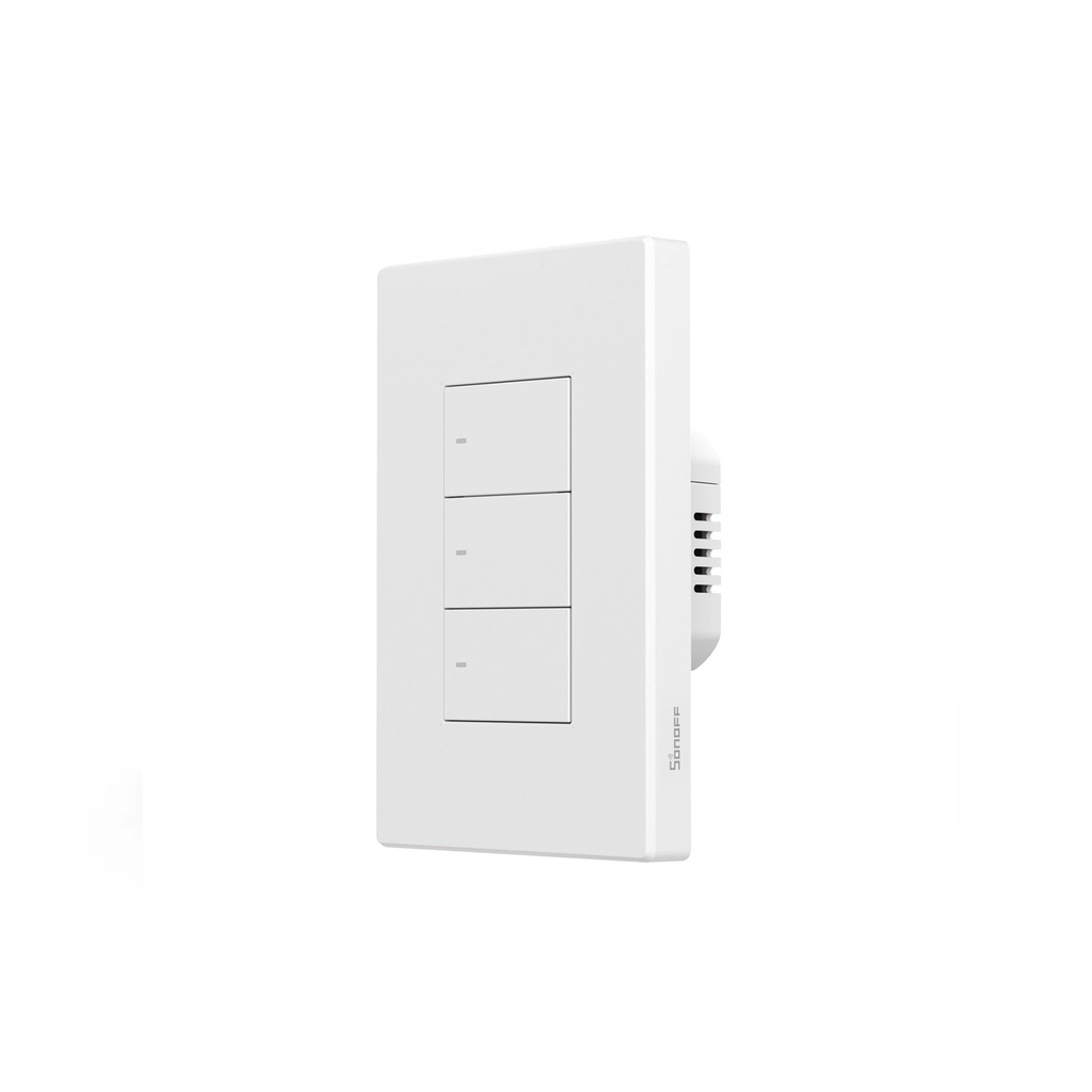 Interruptor de pared inteligente triple, botones físicos, 100-240VAC, Wi-Fi, blanco, marca Sonoff.