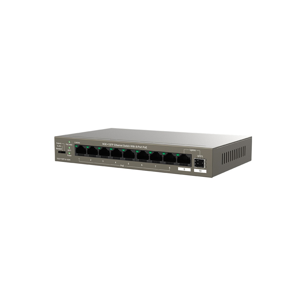 Switch PoE extendido TEG1109P-8-102W, 9 puertos Gigabit Ethernet (8 PoE), 1SFP, 102. watts, marca Tenda.