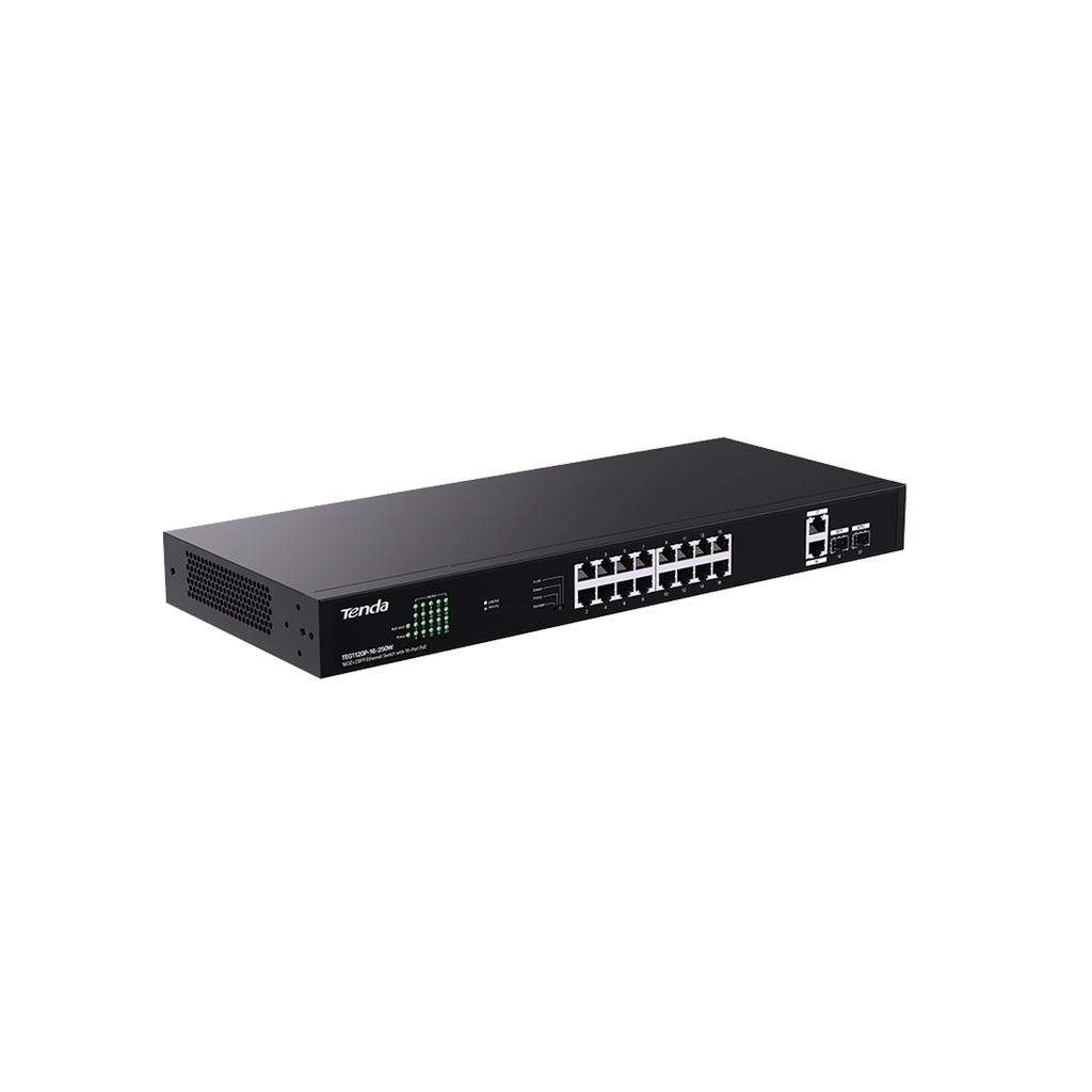 Switch PoE extendido TEG1120P-16-150W, puertos: 16 GE PoE, 2 GE RJ45,2 SFP, 150 watts, montaje en rack, 4 modos de operación, marca Tenda.