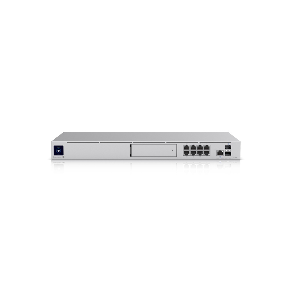 Consola Unifi Dream Machine edición especial, todo en uno, incluye: router con funciones de balanceo y failover, 2 puertos WAN(10G SFP+ 1G RJ45), firewall Enterprise, switch con 9 puertos LAN (1 SFP+ 10G, 8 PoE RJ45 1G), NVR con 1 bahía para HD, integra todas las aplicaciones Unifi(network, protect, access y conect), 1U, montaje en Rack, marca Ubiquiti.