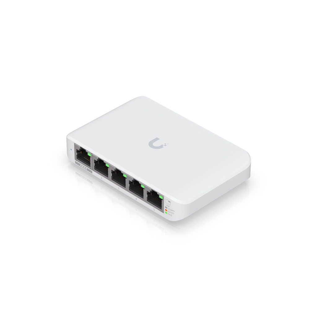 Switch USW-Flex-Mini, capa2 compacto, 5 puertos GbE RJ45, gestionado con Unifi network, marca Ubiquiti.