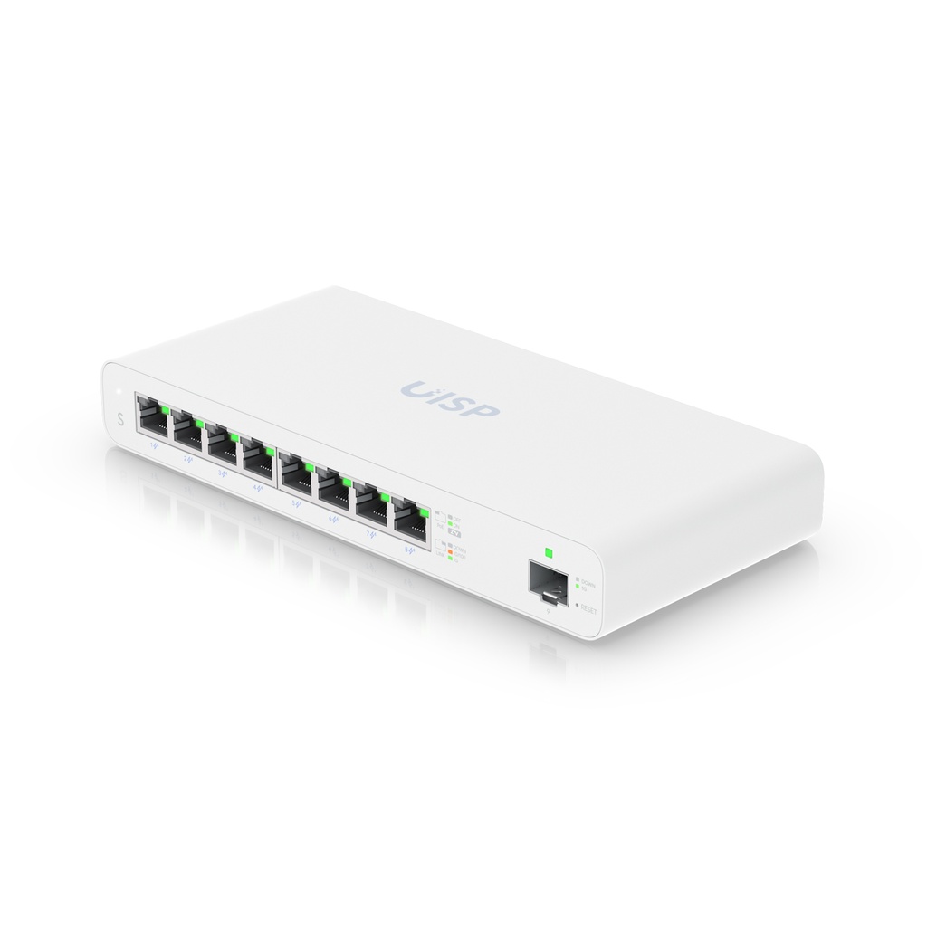 Switch UISP para aplicaciones MicroPoP, 8 puertos GbE RJ45, PoE pasivo, marca Ubiquiti.