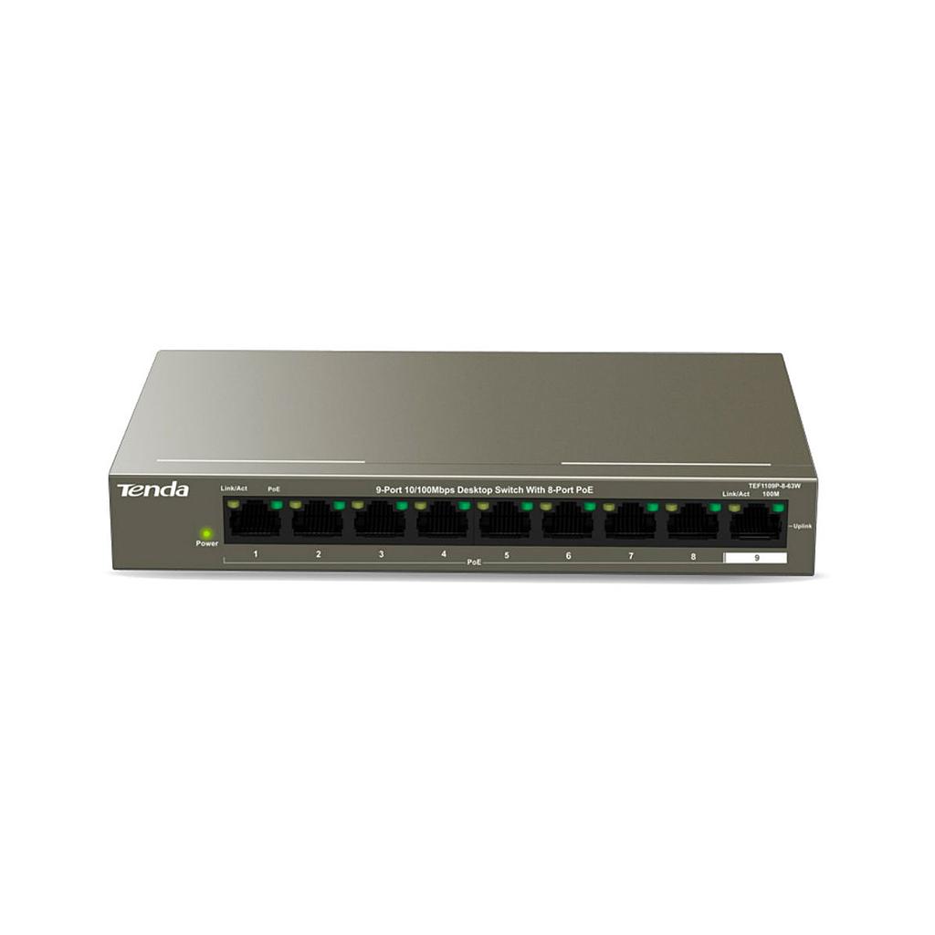 Switch PoE extendido TEF1109P-4-63W, 9 puertos Fast Ethernet (8 PoE), 63 watts, marca Tenda.