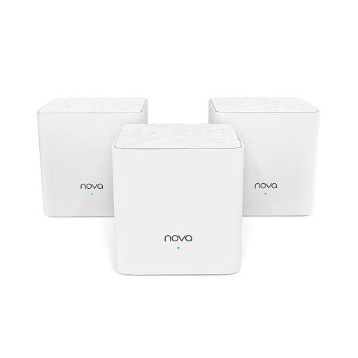 [MW3(3-PACK)] Sistema Mesh MW3 doble banda AC1200, puertos: 2 RJ45 FE nodo, tecnología MU-MIMO único SSID, cobertura 270 m², incluye 3 cubos, marca Tenda.
