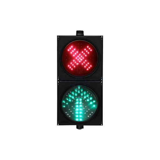 [CD200-3-FM21] Semáforo led de 2 colores cruz roja y Flecha Verde, lentes de 20 cms., carcasa de policarbonato, visera tipo túnel, marca Fama.